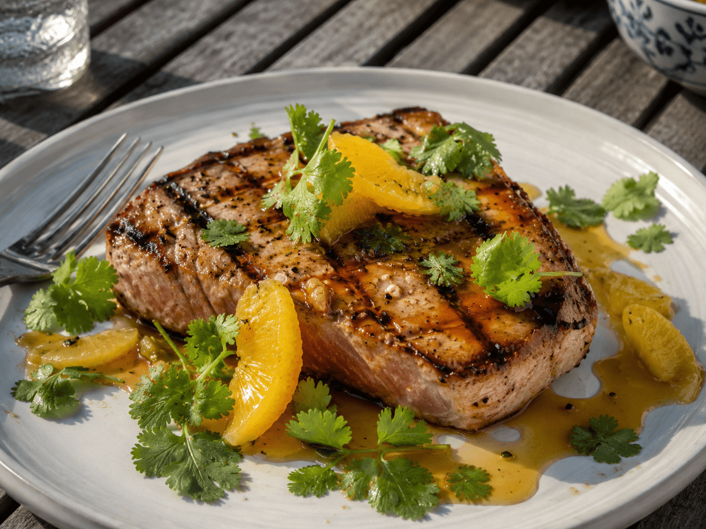Grilled tuna steak with orange citrus glaze and fresh cilantro