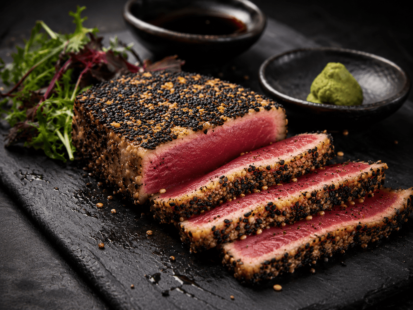 Sesame-crusted seared tuna steak sliced to show pink center