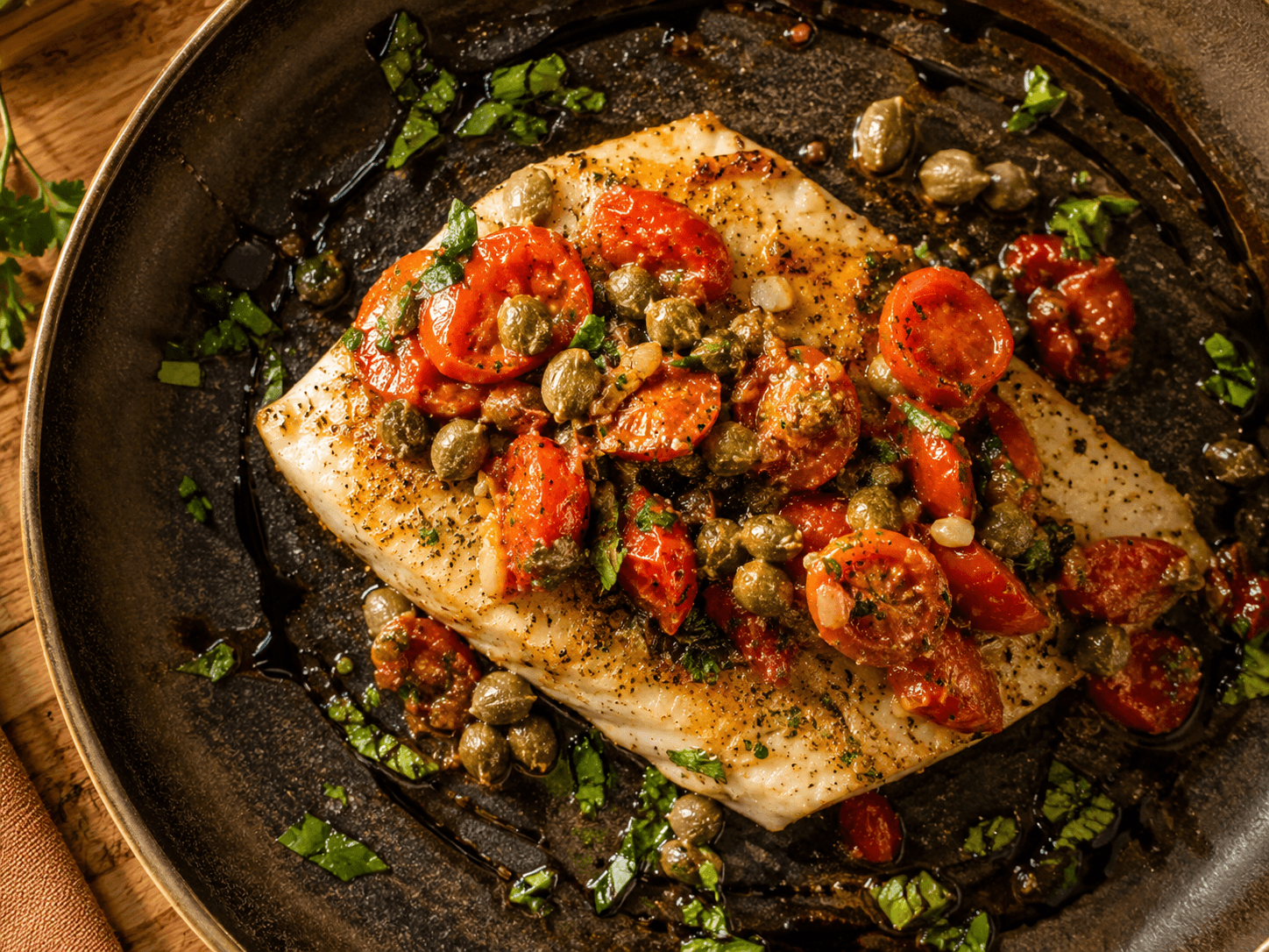 Baked striped bass with tomato and caper sauce
