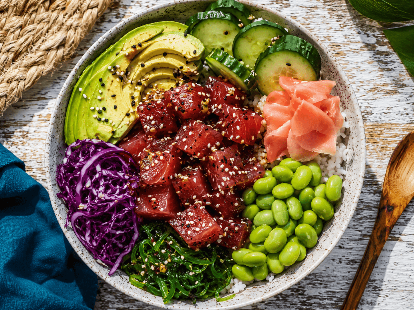Fresh tuna poke bowl with avocado, edamame, and sesame